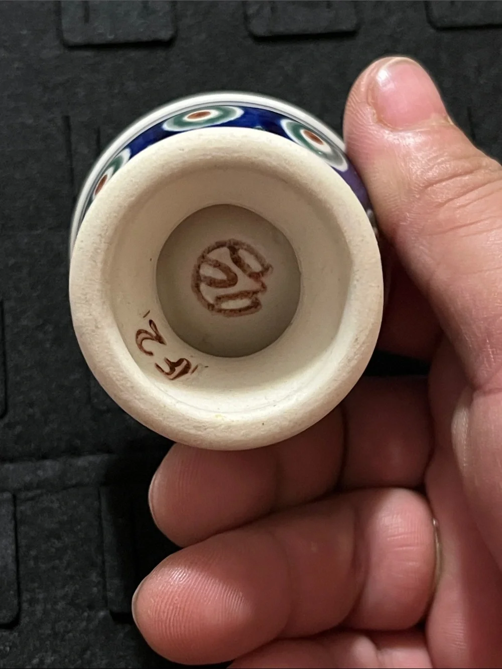 Vintage Ceramic Egg Cup with Blue, Green, Brown Floral Motif